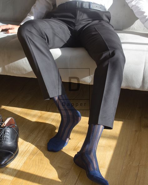 Step up your style game with our Bold Stripe Nylon Dress Socks in navy blue. Perfectly paired with your favorite dress shoes for a sophisticated look. #DapperSocks #MensFashion #Style #DressSocks #BoldStripe #NylonSocks #FormalWear #Elegance #Sophistication #Fashion Formal Black Stretch Socks, Men In Socks And Slides, Men In Socks Only, Men’s Dress Socks, Men Suit Shoes, Luxury Classic Men's Socks, Nylon Socks, Nylon Dress, Sheer Socks