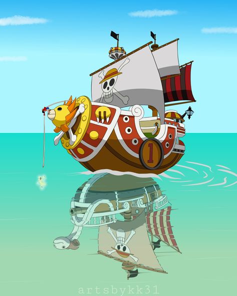 An illustration of Thousand Sunny and Going Merry Sunny Go, Going Merry, Eren Aot, Ace And Luffy, One Piece Tattoos, Watch One Piece, One Piece Crew, One Peice Anime, One Piece Funny