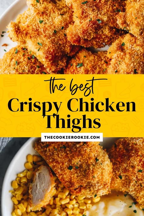 Chicken Thigh Recipes Breaded, Chicken Thigh Recipes Crispy Skin, Breaded Chicken Thighs Baked, Chicken Thigh Recipes Fried, Breaded Chicken Thighs Air Fryer, Breaded Chicken Thigh Recipes, Breaded Boneless Chicken Thighs, Oven Fried Chicken Thighs Bone In, Pan Fried Chicken Thighs Boneless