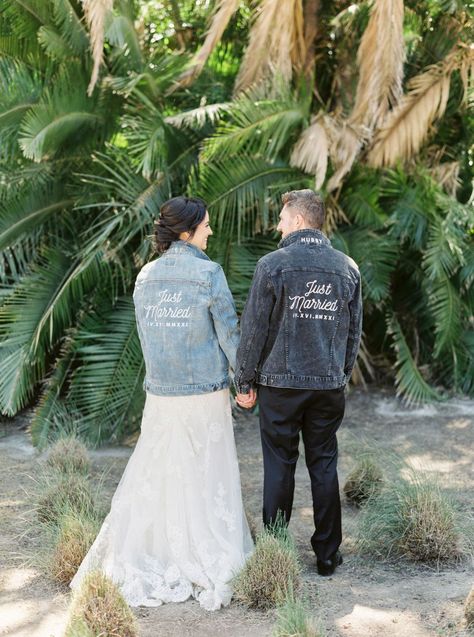 Bride and Groom with custom denim embroidered jackets at Waterfront San Diego Courthouse Wedding by Cavin Elizabeth Photography Wedding Denim Jacket Bride And Groom, Groom Denim Jacket, Bride And Groom Jackets, Bride And Groom Matching, Desert Duo, Desert Love, San Diego Courthouse, Las Vegas Wedding Photography, Asian Wedding Dress Pakistani