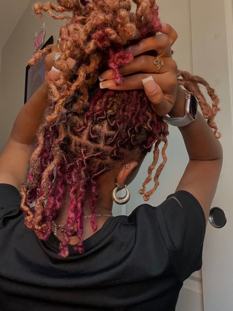 Cute Colors To Dye Your Locs, Pb J Hair Color Locs, Purple And Ginger Locs, Locs Colors For Women, Pb J Locs, Dyed Dreads Women, Brown And Pink Locs Black Women, Red And Blonde Hair Color Locs, Two Tone Loc Color