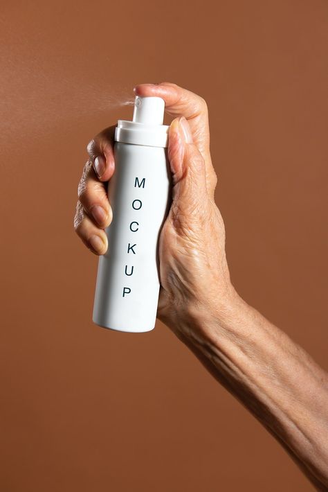 Hand holding a white aerosol spray bottle mockup | premium image by rawpixel.com / Jira Beauty Products Mockup, 2024 Photoshoot, Small Perfume Bottles, Stop Motion Photography, Hand Spray, Motion Photography, Aerosol Spray, Brown Bottles, Hand Images