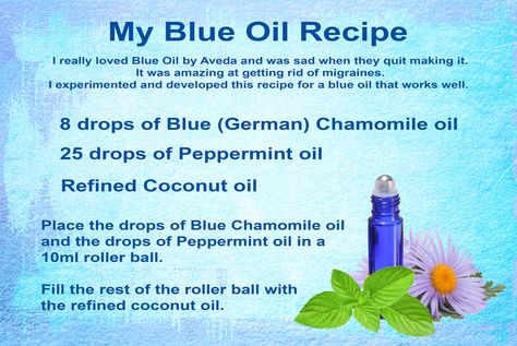 I loved Aveda's Blue Oil and was saddened when they quit making it.  It worked well on getting rid of my migraines.  Out of desperation I experimented and developed my own version of a blue oil that works well for me on my migraines.  I thought I would share for others who are looking to make their own as well.  #blueoil #migraine Aveda Blue Oil Recipe, Roller Ball Essential Oil Recipes Headache, Oil Blend For Nausea, Blue Tansy Young Living, Blue Lotus Essential Oil, Essential Oil Mixtures, Diy Sugar Scrub Recipe, Sick Remedies, Essential Oil Combinations