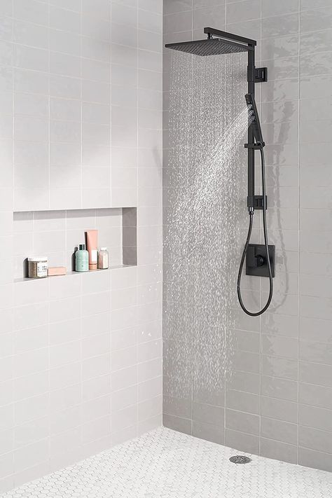 Rainhead Shower Head, Rain Showers Bathroom, Modern Shower System, Rain Shower Heads, Rain Shower Ideas, Black Shower Heads, Shower Handles, Cool Shower Heads, Hand Held Shower Head Ideas