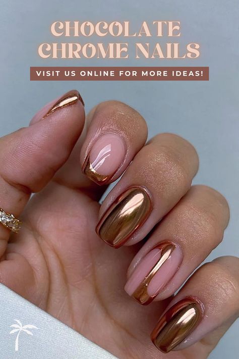 To create this look, draw the designs using gel polish with a “fine liner brush for precision” and top them with The Gel Bottle’s Caramel and Copper Chrome Pigment. Chrome Thanksgiving Nails, Burnt Orange And Gold Nails, Donut Glazed Nails, Chocolate Chrome Nails, Chocolate Chrome, Coquette Nail, Bow Nail Designs, Chrome Manicure, Aesthetic Bow