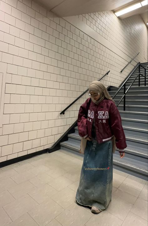 #streetstyle #streetwear #modest #aesthetic #hijab #inspo #itgirl #uni #glasses #denimskirt #jeanskirt #pufferjacket #varsityjacket #bomberjacket #fashion #collegefits #casual #cool #maroon #beige #stargirl #fall #outfitideas #instafashion #influencer #fashionicon #hijabi #muslim #islam #western #modern #uk #london #metro #nyc #paris #osaka #osakajapan Bomberjacket Streetstyle, Hijabi Streetwear Fashion, Streetwear Hijab, Modest Streetwear Fashion, Muslim Streetwear, Hijabi Streetwear, Modest Streetwear, Streetwear Skirt, College Fits