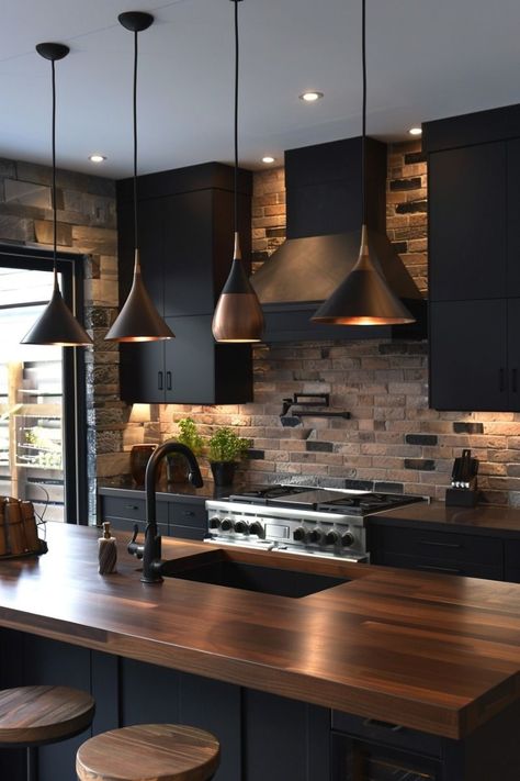 Black And Brown Kitchen Ideas, Man Kitchen, Kitchen Dark, Kitchen Inspiration Design, Kitchen Trends, Black Cabinets, Trendy Kitchen, Counter Tops, Black Kitchens