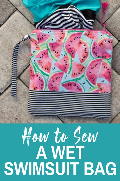 Learn how to sew a wet swimsuit bag with this fun tutorial! It is lined with a layer of PUL, a waterproof fabric that is super easy to work with.  Made in a fun summer print, this wet swimsuit bag makes the perfect pool accessory! #swimsuitbag #summersewingproject Summer Sewing Projects, Summer Sewing, Sew Ins, Pool Bags, Beginner Sewing Projects Easy, Leftover Fabric, Wet Bag, Sewing Projects For Beginners, Sewing Skills