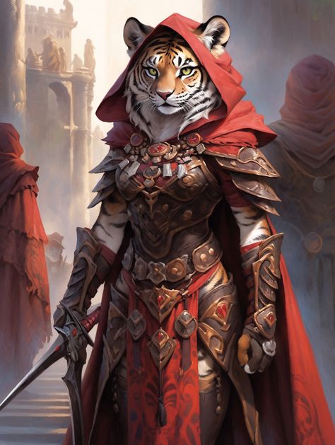 Tiger Tabaxi Female, Tiger Warrior Character Design, Tiger Fursona Art, Leonin Female, Tabaxi Paladin, Tabaxi Fighter, Tiger Fursona, Tabaxi Rogue, Female Tiger