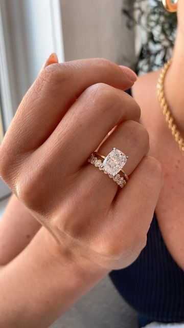 Her Rock | Lab Grown Diamonds on Instagram: "Let’s be real, they’re all our favorites🫶 We paired this 3.15ct elongated cushion with our Petite Oval 3/4 Eternity Band for a stunning stack. Don’t forget, when you buy an engagement ring with HRJ, you get 15% off your wedding bands!💍 So, let’s chat! Book a ring appointment with us using the link in our bio. We’ll help you choose your perfect ring✨ #engagementring #cushioncut #labdiamond #eternityband #engagement #diamondjewelry #ringinspo Dream Wedding Ring, Cute Engagement Rings, Elongated Cushion, Cushion Engagement Ring, Future Engagement Rings, Buying An Engagement Ring, Cushion Cut Engagement Ring, Oval Engagement, Dream Engagement