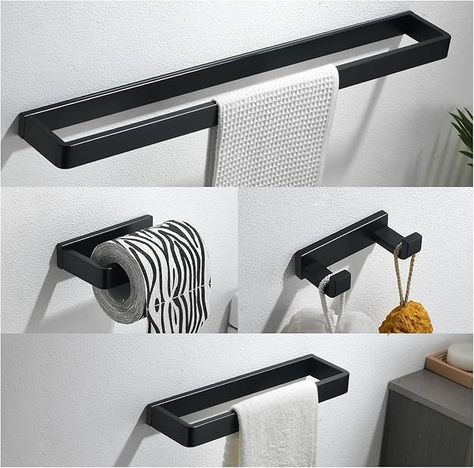 Amazon.com: YACVCL 4-Piece Matte Black Bathroom Hardware Accessories Set, Bath Towel Bar Set SUS304 Stainless Steel, Round Towel Racks for Bathroom Wall Mounted : Tools & Home Improvement Black Towel Rack Bathroom, Towel Bar Placement, Towel Bars In Bathroom Ideas, Matte Black Bathroom Hardware, Black Bathroom Hardware, Modern Towel Bars, Black Shower Faucet, Wall Toilet, Matte Black Bathroom