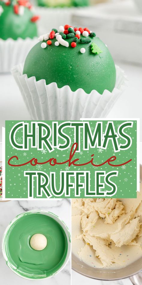 These festive Christmas Cookie Truffles use store-bought frosted Lofthouse sugar cookies to create little balls of sweet cookie goodness, dunked in chocolate, and then decorated with Christmas sprinkles. Loft House Cookie Truffle, Lofthouse Christmas Truffles, Oreo Cookie Truffle Balls, Christmas Cookie Truffles, Easy Bulk Christmas Cookies, Christmas Cookie Balls Recipes, Christmas Truffle Balls, Christmas Baking To Sell, Cakeballs Recipes