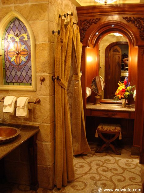 Castle Bathroom Aesthetic, Medieval Vanity, Medieval Bathroom, Castle Bathroom, Casa Hobbit, Vanity Seat, Medieval Decor, Cinderella's Castle, Famous Castles