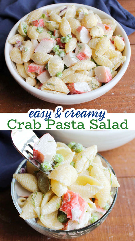 This pasta salad is creamy and delicious. It is a great side dish for picnics, potlucks and more. It also makes a great brown bag lunch, so make extra to take to work with you. Crab And Pasta Salad, Crab Salad Recipe Pasta, Crab Pasta Salad, Picnic Side Dishes, Crab Pasta, Crab Salad Recipe, Creamy Pasta Salads, Brown Bag Lunch, Make Ahead Salads