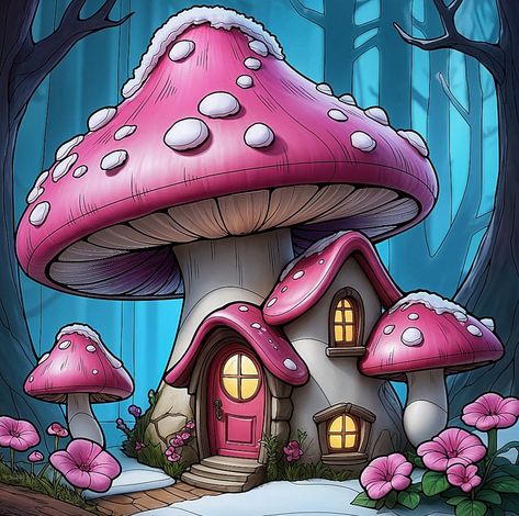 Toadstool House Drawing, Mushroom House Drawing Fairies, Fairy Village Drawing, Mushroom Art Drawing, Cute Mushroom House, Fairy House Drawing, Balloon Centerpieces Diy, Color Pencil Illustration, Clay Fairy House