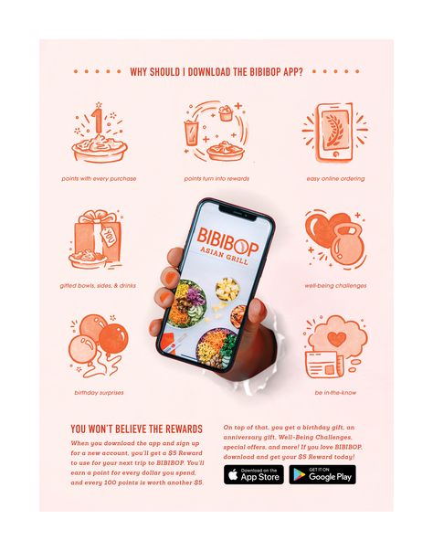 Creative direction and development for the launch of BIBIBOP Asian Grill's app update included digital layout, illustration, and UX design. New Launch Poster Design, New App Launch Creative Ads, App Launch Campaign, Website Launch Poster, App Campaign, Asian Grill, Layout Illustration, App Launch, Hiring Poster