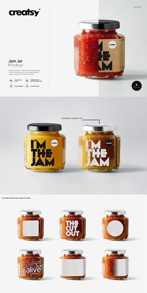 Jam Jar Mockup . Jam jar template - layered, editable psd file prepared to showcase your custom design, by simply editinng the smart object and color layers. files works only in Photoshop (min. PS CC 2015); pack includes 2 .psd files with 2 different views, file specs: 2500x2000 px 300dpi; changeable color of top and design of label (via smart objects); every shape of label available; backgrounds: neutral and white (check preview); Amazon ready Jam Jar Packaging Design, Jam Packaging Design Creative, Jar Packaging Design Creative, Homemade Jam Packaging, Jam Label Design, Jam Packaging Design, Jam Branding, Backgrounds Neutral, Jar Template