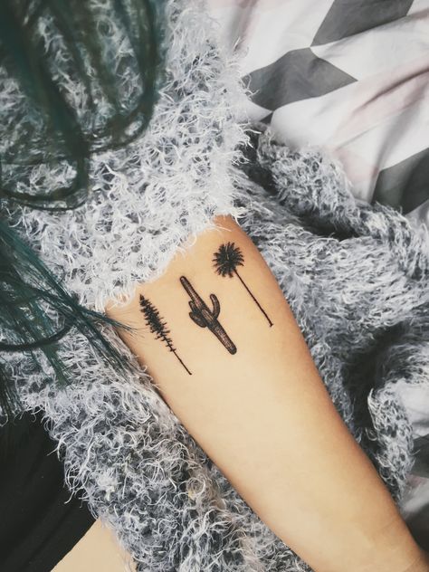 I got this pine cactus palm tree tattoo at the end of my US road trip. Pine Tree And Palm Tree Tattoo, Palm Tree Cactus Tattoo, Palm Tree Pine Tree Tattoo, Cactus And Palm Tree Tattoo, Road Trip Tattoo Ideas, Tattoo Pine Tree, Road Trip Tattoo, Joshua Tree Tattoo, Plants Tattoo