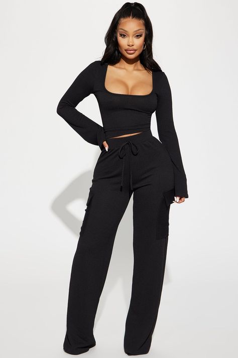 Women's Nobody Like Me Ribbed Pant Set in Black Size Small by Fashion Nova Sheer Clothing, Matching Sets Outfit, Fashion Nova Outfits, Scoop Neck Long Sleeve, Jeans Fashion, Style Jeans, Outfit Style, Fabulous Fashion, Set Outfit