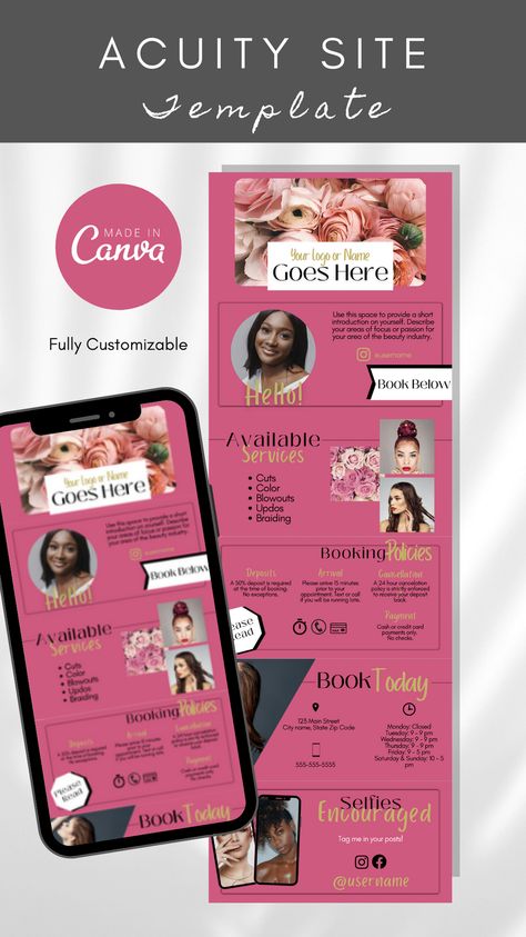 Hair Stylist Marketing, Booking Site Design, Acuity Booking Site, Scheduling Template, Tech Diy, Booking Website, Beauty Room Decor, Booking Sites, Lash Tech