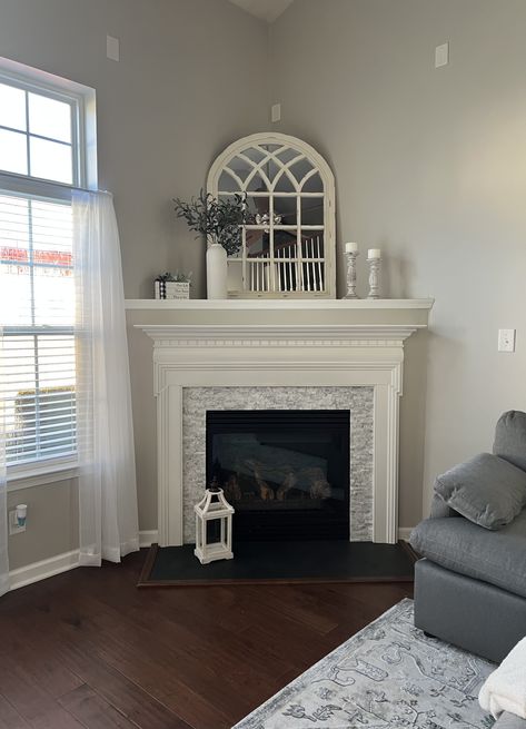 Painted Corner Fireplace, Caddy Corner Fireplace, Deep Corner Fireplace Mantle Decor, Corner Fireplace Mantel Decorating Ideas, Corner Fireplace Mantel Decor, How To Decorate A Corner Fireplace, Deep Corner Fireplace Decor, Corner Fireplace Mantle Ideas, Fireplace Corner Living Room