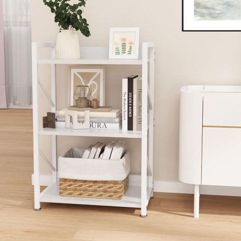 Yorgen Etagere Bookcase Bookshelf For Small Spaces, Small Bookshelves, Narrow Bookshelf, Living Room Stands, Small Living Room Layout, White Bookshelves, Open Bookshelves, Bookcase Organization, Small Bookshelf