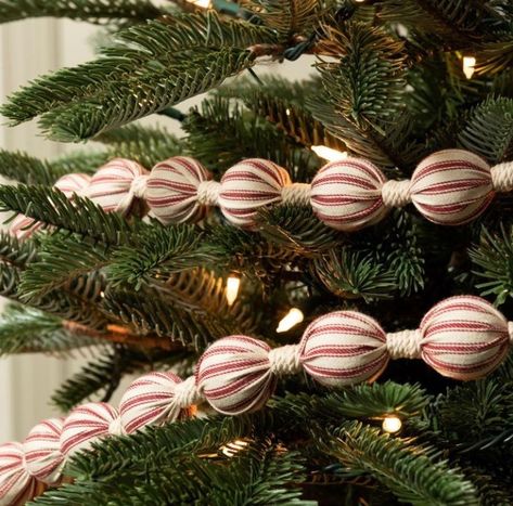 Fabric Ball Garland, Ticking Stripe Fabric, Cedar Wreath, Fabric Balls, Tree Collar, Fabric Garland, Ball Garland, Tree Trimming, Wood Bead Garland