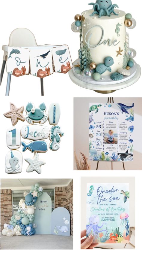 Ocean Theme First Birthday, Oneder The Sea, Surf Birthday, Ocean Birthday Party, Baby Milestones Pictures, Ocean Birthday, Milestone Pictures, Under The Sea Theme, First Birthday Party Themes