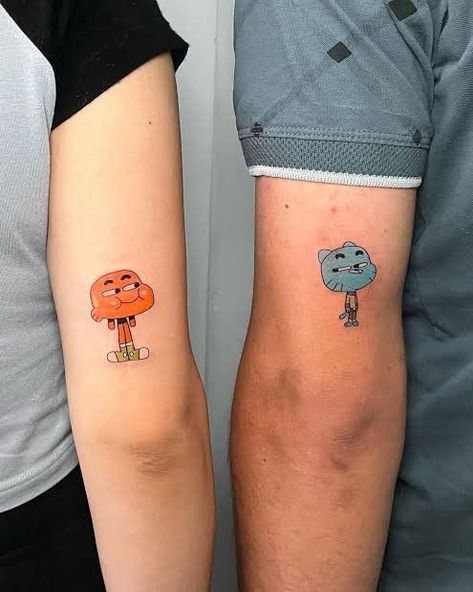 Cosmo And Wanda Matching Tattoos, Matching Tattoo Ideas For Sisters, Gumball And Darwin Tattoo, Sibling Tattoos For Two, Siblings Matching Tattoos, Brother Sister Tattoo Sibling, Duo Tattoo Ideas, Tatuaje Studio Ghibli, Matching Tattoos For Siblings