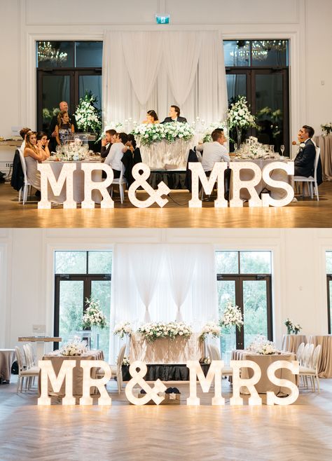 Wedding Head Table Round, Wedding Marquee Letters Sweetheart Table, Mr & Mrs Wedding Table, Bridal Party Seating Head Tables, Sweetheart Table And Bridal Party, Bridal Table Decorations Elegant, Head Table With Wedding Party, Mrs And Mr Wedding Table, Mr And Mrs Letters Wedding