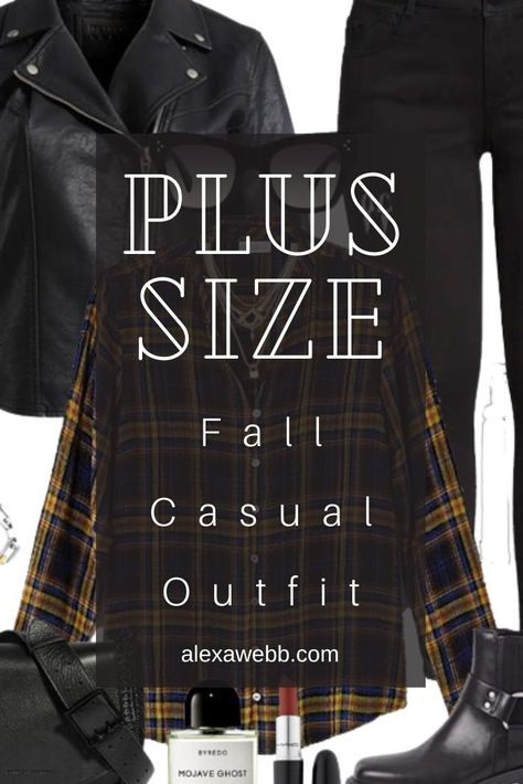 Plus Size Plaid Shirt Outfit - A plus size casual outfit for fall with a black plaid shirt, black skinny jeans, and moto boots by Alexa Webb. Plaid Top Outfit, Short Boots Outfit, Plaid Shirt Outfit, Black Shirt Outfits, Plaid Shirt Outfits, Alexa Webb, Black Plaid Shirt, Outfit For Fall, Faux Leather Motorcycle Jacket