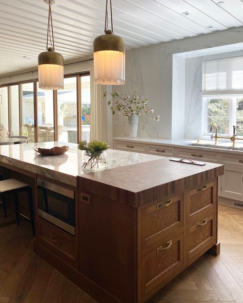 Sarahliz Lawson Design on Instagram: “Have you ever thought of integrating a butcher block onto your stone island? We're thrilled with how this combo countertop was executed in…” Butcher Block And Stone Countertops, Butcher Block And Stone Island, Mixed Material Kitchen Island, Kitchen Island Butcher Block Extension, Stone And Butcher Block Countertop, Island With Butcher Block End, Island Countertop Different Color, Chopping Block Island, Oven In Island