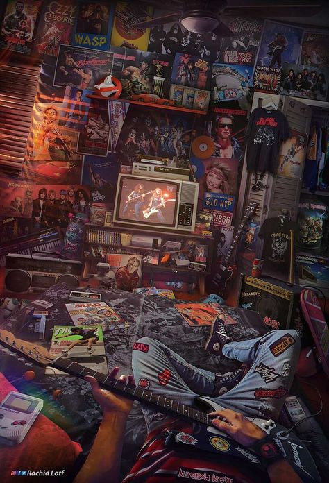 Retro Games Wallpaper, Horror Room, 80s Rock Bands, 80s Bedroom, Metal Bedroom, Metal Room, Nostalgia Art, Retro Gaming Art, Retro Artwork