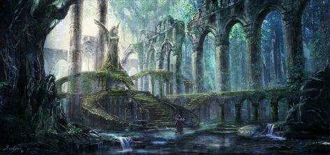 Elven Ruins Concept Art, Fantasy Environment Art, Elven Ruins, Forest Ruins, Landscape Edging Stone, Elven City, Fantasy Environment, Story Settings, Fantasy Settings