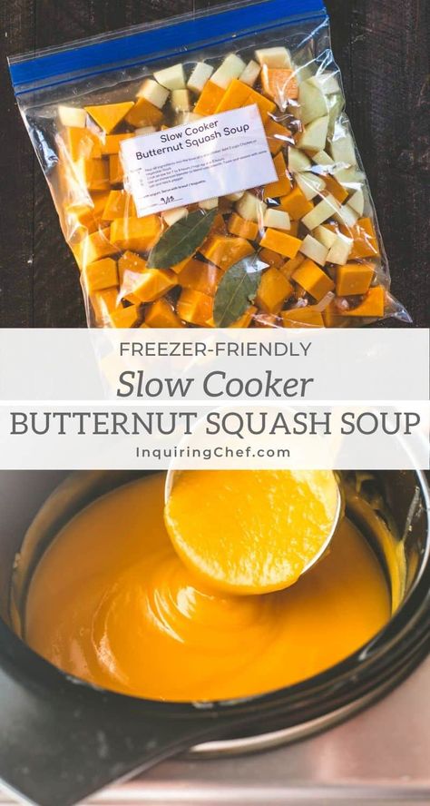 Butternut Squash Soup Slow Cooker, Slow Cooker Butternut Squash Soup, Vegan Squash, Slow Cooker Butternut Squash, Vegan Freezer Meals, Freezer Soups, Vegetarian Freezer Meals, Frozen Butternut Squash, Freezer Friendly Meals