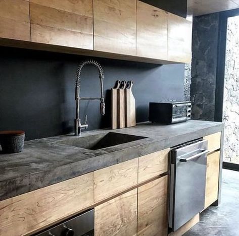 Moody Kitchen, Stylish Kitchen Design, Kitchen Concrete, Concrete Countertops Kitchen, Kabinet Dapur, Countertops Kitchen, Modern Kitchen Interiors, Concrete Kitchen, Kitchen Farmhouse