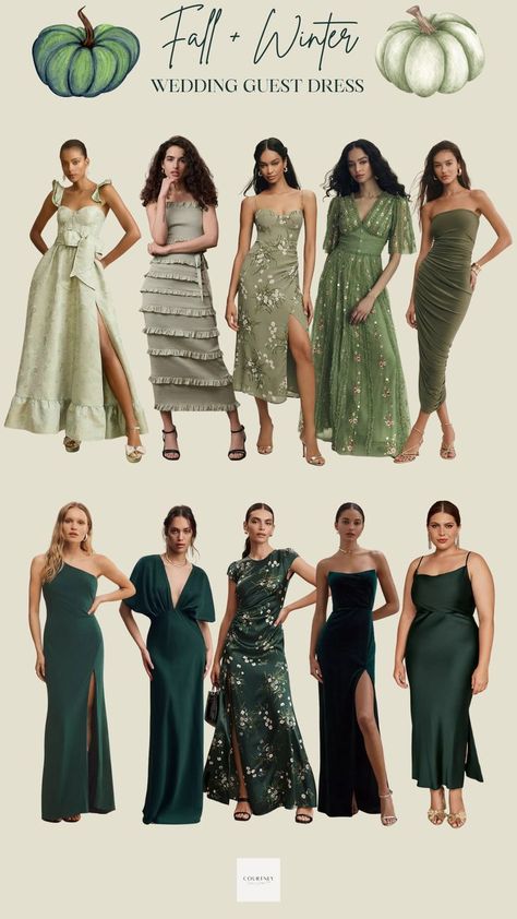 Collage highlighting a variety of green wedding guest dresses from Anthropologie, specifically curated for the fall 2023 season. The dresses, ranging from deep emerald to muted olive shades, encapsulate the rich and earthy tones of autumn. Each style showcases Anthropologie's signature fusion of bohemian artistry and modern sophistication, offering ideal choices for fall nuptial events. Green Fall Wedding, Green Fall Weddings, Green Wedding Guest Dresses, Forest Wedding Dress, Fall Wedding Guest Dresses, Bohemian Bridesmaid Dress, V Chapman, Olive Green Weddings, Bohemian Wedding Guest