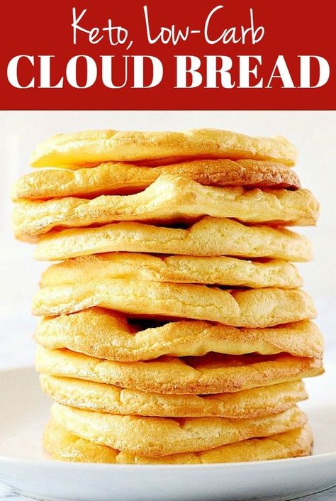 Cloud Bread Recipe - low-carb, high-protein, gluten-free substitute for bread, made with just 3 ingredients. Fluffy, light, delicious and perfect for sandwiches! Great for keto diet. #keto #lowcarb #cloudbread Substitute For Bread, Candy Brownies, Bread Tips, Keto Cloud Bread, Cloud Bread Recipe, Gluten Free Substitutes, Menu Sarapan Sehat, Bread Substitute, Bread Designs