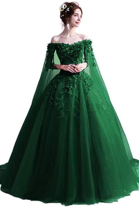 This dark green ball gown features floor length with train, built in bra, lace up back, off the shoulder, sleeveless, lace applique with 3D flowers, soft tulle with cape, quinceanera dresses. Purple Ideas, Puffy Prom Dresses, Masquerade Ball Gowns, Green Ball Gown, Green Wedding Dresses, Green Homecoming Dresses, Pretty Quinceanera Dresses, Green Gown, Womens Prom Dresses