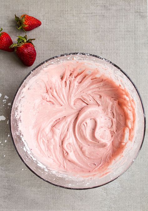 strawberry cream cheese frosting Strawberry Cake Frosting Recipes, Strawberry Frosting Cream Cheese, Fresh Strawberry Cream Cheese Frosting, Strawberry Cake Cream Cheese Frosting, Strawberry Cake Icing Recipe, Strawberry Icing With Fresh Strawberries, Strawberry Cake Frosting, Strawberry Icing Recipe, Strawberry Cream Cheese Icing