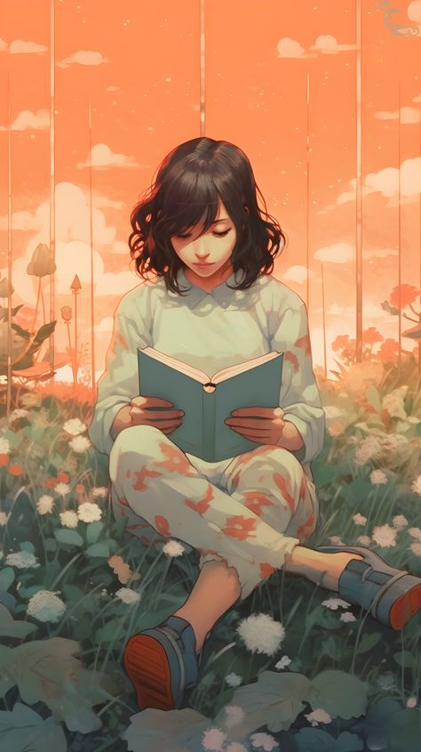 A girl reading a book in the style of Japanese illustration Reading Book Reference, Laying Down Reading A Book, Girl Reading Drawing, Woman Reading Book Drawing, Reading Under A Tree Drawing, Girl Reading Book Drawing, Women Reading Books Illustration, Open Book Drawing, Girl Reading Book Illustration