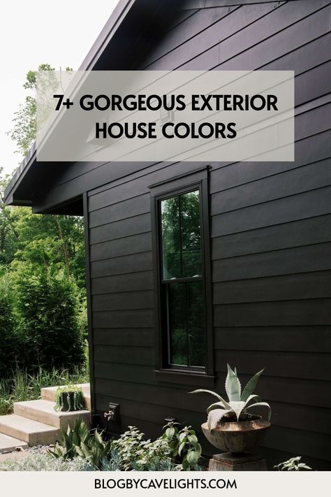 7 exterior house colors Houses With Brown Shingles, Bungalow Style Homes Exterior, Lava Rock House Exterior, Black House Wood Shutters, Warm Exterior House Color Schemes, Black House Grey Roof, White Windows Exterior Colour Schemes, Dark Exterior Farmhouse Colors, White Black And Brown House Exterior