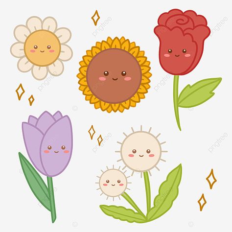 Cute Flowers Drawings Kawaii, Flower Cartoon Drawing, Flower Character Design, Cute Flower Cartoon, Chibi Flower, Rose Character, Rose Cartoon, Kawaii Weather, Flower Kawaii