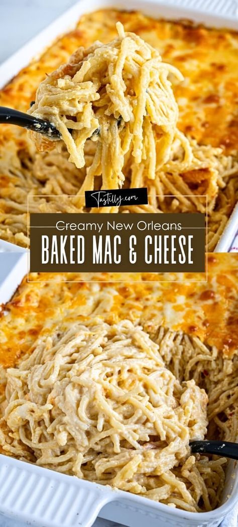 Quick & Creamy New Orleans Baked Mac & Cheese via @tastillyb Baked Macaroni And Cheese With Long Noodles, New Orleans Baked Macaroni And Cheese, Louisiana Mac And Cheese, Box Mac N Cheese Upgrade, New Orleans Mac And Cheese, Cajun Sides, Spaghetti Cheese, Creamy Shrimp Enchiladas, October Meals