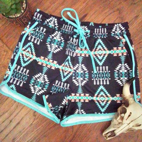 Blue Stretch Shorts For Festival, Western Boutique Clothing, Western Shorts, Aztec Shorts, Casual Country Outfits, Cowgirl Style Outfits, Cowgirl Accessories, Country Clothes