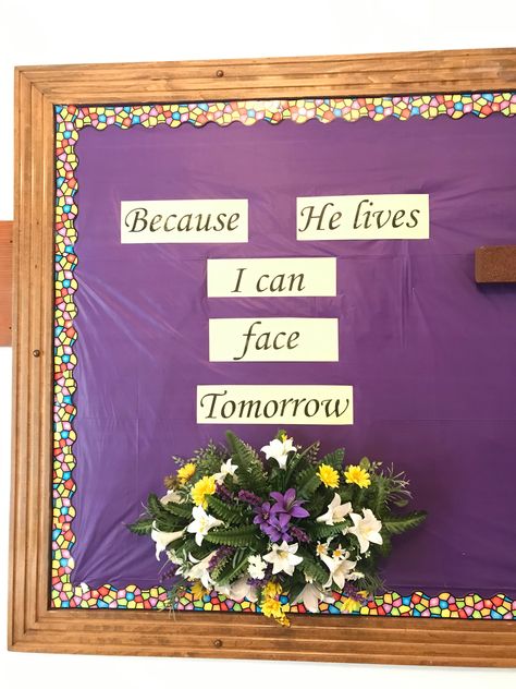 Easter 2019 Information Bulletin Board Ideas, Spring Bulletin Boards For Church, Bulletin Board Ideas For Church, Christian Easter Bulletin Board Ideas, Easter Church Bulletin Boards, Easter Bulletin Boards, Rainbow Bulletin Boards, Creative Bulletin Boards, Sunday School Decorations