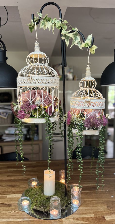 Bird Cages Decorated Ideas, Goth Patio, Repurposed Bird Cage Ideas, Birdcage Wedding Decor, Bird Cage Decoration, Boho Party Ideas, Bridgerton Tea Party, Birdcage Decor, Birdcage Planter