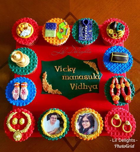 After the huge hit of my Mehendi cupcake platter, here is another one i did over the weekend and this time for a wedding !.  Here is presenting a Wedding Cupcake platter with some of the things relating to wedding and with the pics of bride and groom. Enjoyed every moment making these toppers ) Marriage Aarathi Plates, Aarathi Plates For Wedding, Wedding Aarathi Plates Decoration, Arathi Plate Decoration For Wedding, Aarathi Plates Decoration For Wedding, Aarathi Plates Decoration, Diy Wedding Gifts For Bride And Groom, Cupcake Platter, Arti Thali