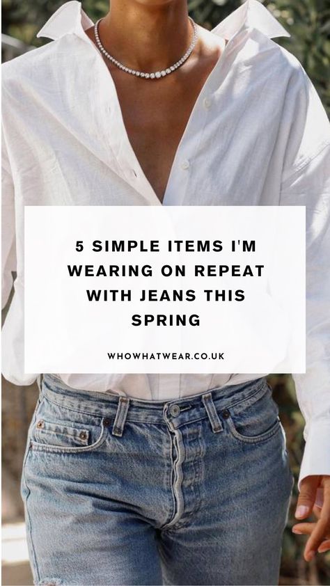 Since denim is always on heavy rotation in my wardrobe for spring, I rounded up five simple items to wear with jeans this season. Click to see more. Styling Cream Jeans, Denim Top Outfit, Denim Shirt Outfit, Neutral T Shirts, Cream Jeans, Vintage Knitwear, Denim Outfits, Resort Shirt, Leather Gladiator Sandals