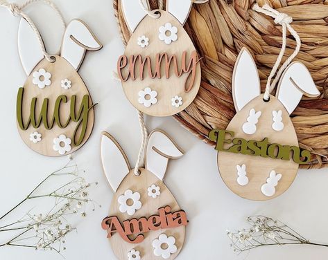 CoriBlackWolfCo - Etsy UK Diy Laser Cut, Custom Bunny, Easter Wood Crafts, Easter Bunny Basket, Laser Cut Wood Crafts, Easter Basket Tags, Easter Tags, Personalized Easter Basket, Unique Easter